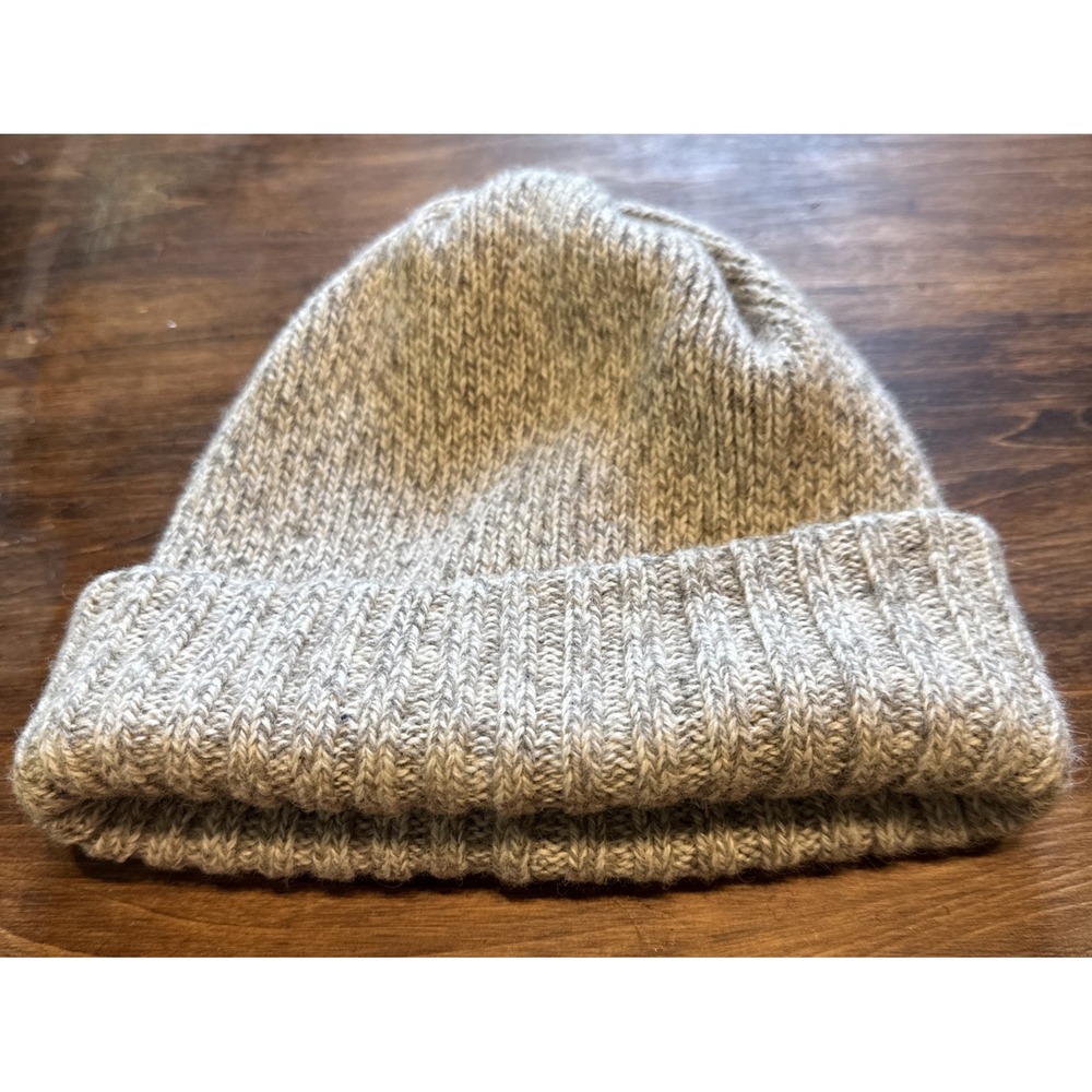 Lands End Wool Blend Knit Beanie Hat Made in USA Tan Beige Cuffed Watch Cap VTG